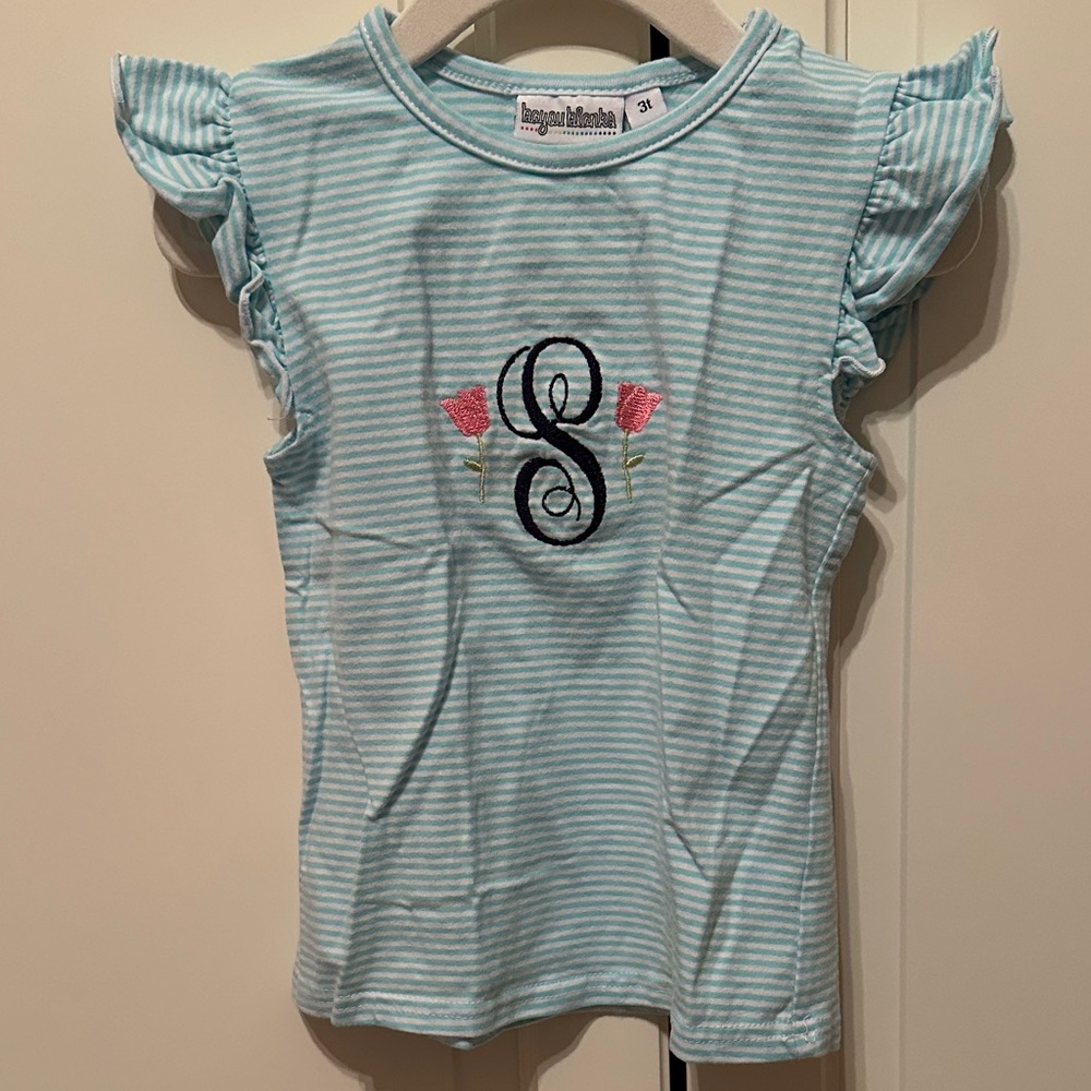 Monogrammed S Kids Ruffle Sleeve Shirt - Light Blue and Pink